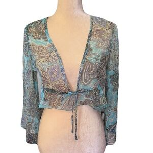 Fashion Bug Vtg Silk Front Tie Boho Crop Cardigan Long Butterfly Sleeve Size S